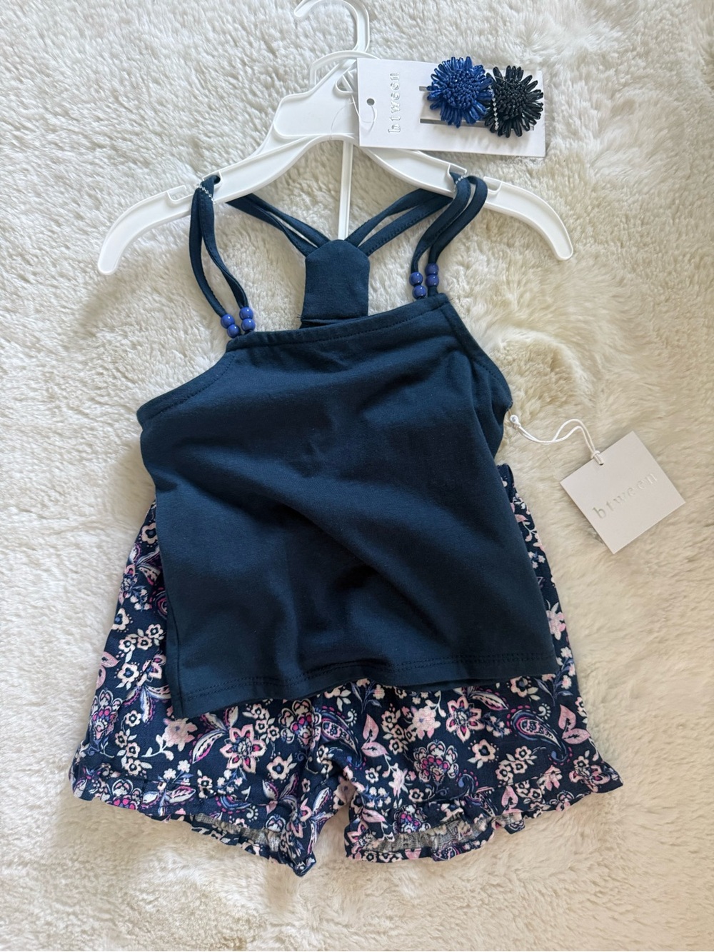 NWT Btween Navy & Pink Floral Girls Shorts Set w/ Flower Hair Clips